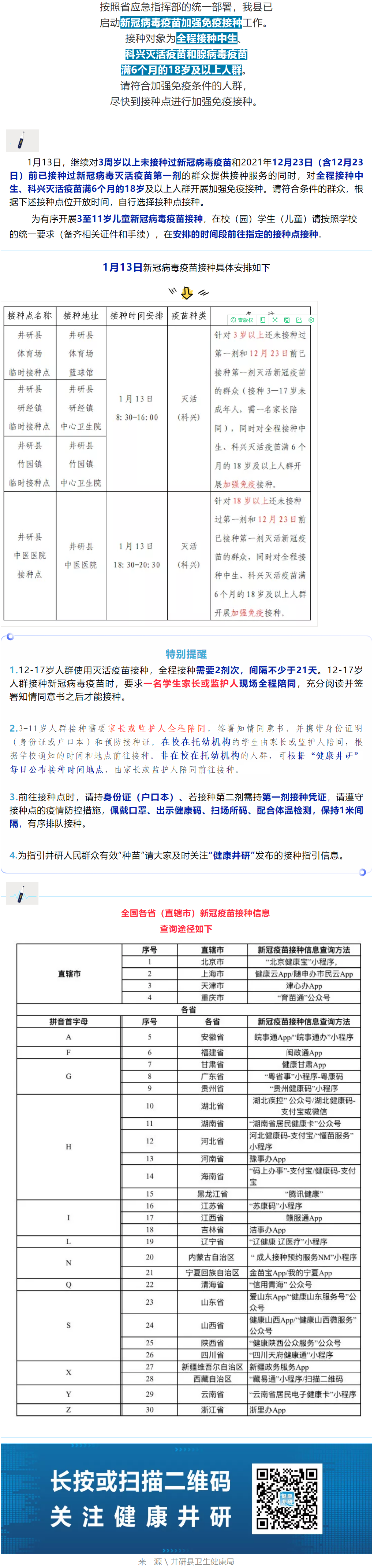 【疫苗接种】井研县1月13号新冠病毒疫苗接种安排